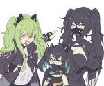  3girls angry animal_ears black_hair cat_ears cleavage_cutout fake_animal_ears gas_mask girls_frontline green_hair m950a_(girls_frontline) mod3_(girls_frontline) mother_and_daughter multiple_girls pointing saf_(girls_frontline) scarecrow_(girls_frontline) twintails zocehuy 