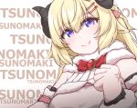  1girl blonde_hair blush bow character_name closed_mouth disco_brando eyebrows_visible_through_hair hair_ornament hairclip highres hololive horns long_hair looking_at_viewer purple_eyes red_bow sheep_horns smile solo tsunomaki_watame upper_body virtual_youtuber 