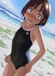  1girl arena_(company) beach black_swimsuit blue_sky blush brown_eyes brown_hair cloud commentary_request competition_school_swimsuit day dutch_angle flat_chest logo looking_at_viewer mu-pyon nose_blush open_mouth original outdoors school_swimsuit short_hair sky solo swimsuit 