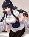  1girl arm_support azuma_(azur_lane) azur_lane bangs black_gloves black_hair black_legwear bra bra_through_clothes breasts brown_eyes closed_mouth commentary_request covered_navel edward_montenegro eyebrows_visible_through_hair gloves grey_background hair_between_eyes hair_ornament hairclip half-closed_eye holding_hands jacket jacket_on_shoulders lace lace-trimmed_bra large_breasts long_hair long_sleeves looking_at_viewer military_jacket outstretched_hand pantyhose pleated_skirt see-through sidelocks simple_background sitting skirt smile thighband_pantyhose underwear very_long_hair white_jacket 