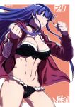  1girl abs aoba_(smartbeat) bangs bikini black_bikini blue_eyes border breasts choker cleavage clenched_hands closed_mouth collarbone cross_choker earrings fate/grand_order fate_(series) fighting_stance frilled_bikini frills highres jacket jewelry large_breasts long_hair long_sleeves navel open_clothes open_jacket orange_background purple_hair red_jacket saint_martha saint_martha_(swimsuit_ruler)_(fate) solo straight_hair swimsuit thighs white_border 