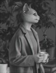  anthro black_bars clothed clothing cup detailed_background digital_media_(artwork) domestic_cat ear_piercing ear_ring felid feline felis female fur furniture greyscale holding_object mammal monochrome piercing pillarbox plant potted_plant russian_blue smile solo standing table terry_grimm 