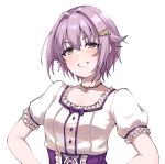  1girl bow breasts brown_eyes collarbone disco_brando eyebrows_visible_through_hair grin hair_ornament hairclip idolmaster idolmaster_cinderella_girls idolmaster_cinderella_girls_starlight_stage jewelry koshimizu_sachiko looking_at_viewer necklace parted_lips puffy_short_sleeves puffy_sleeves purple_bow purple_hair short_hair short_sleeves small_breasts smile solo teeth upper_body 