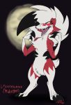  2018 ambiguous_gender black_claws claws fur glowing glowing_eyes hair hi_res lycanroc m0dmonster midnight_lycanroc moon nintendo pok&eacute;mon pok&eacute;mon_(species) red_body red_fur sharp_teeth signature solo teeth tongue video_games white_body white_fur white_hair 