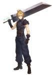  1boy artist_name bare_shoulders blonde_hair boots brown_footwear brown_gloves buster_sword cloud_strife commentary_request final_fantasy final_fantasy_vii frown gloves green_eyes hair_between_eyes highres holding holding_sword holding_weapon looking_at_viewer male_focus messy_hair short_hair shouhei shoulder_pads simple_background solo spiked_hair sword weapon white_background 