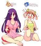 2girls :o amputee bare_arms bare_legs bare_shoulders barefoot blush breasts burn_scar camisole commentary controller double_amputee doubutsu_no_mori english_commentary flying_sweatdrops game_controller green_eyes grey_shorts hair_bobbles hair_ornament hair_over_one_eye ibarazaki_emi ikezawa_hanako joy-con katawa_shoujo light_brown_hair long_hair medium_breasts micro_shorts multiple_girls no_legs pink_shirt playing_games purple_eyes purple_hair rtil scar shirt shizue_(doubutsu_no_mori) short_hair short_sleeves short_twintails shorts simple_background smile sonic sonic_the_hedgehog super_smash_bros. twintails wavy_mouth white_background yellow_camisole 