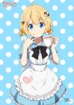  1girl ahoge alice_in_wonderland apron bangs black_bow black_neckwear blonde_hair blue_background blue_dress blue_eyes blush bow coffee_mug commentary_request cup dress eyebrows_visible_through_hair flower hair_between_eyes hair_flower hair_ornament heart heart_print highres holding holding_cup looking_at_viewer mug original polka_dot polka_dot_background ragho_no_erika short_hair short_sleeves translation_request twintails uchino_chika white_apron white_flower 