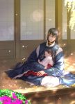  1boy 1girl black_hair blurry bokeh closed_eyes crowdance day depth_of_field facing_viewer hair_between_eyes hair_pulled_back hakama highres hug japanese_clothes kariginu leaning_on_person leaning_to_the_side long_hair long_sleeves mikazuki_munechika miko on_floor petals ponytail profile red_hakama sayagata sitting sitting_on_lap sitting_on_person sleeping sleeping_upright sleeves_past_wrists sliding_doors tassel touken_ranbu veranda wooden_floor 