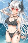  1girl bangs bare_arms bare_shoulders bikini black_bikini blush breasts cleavage cowboy_shot dragon_horns eyebrows_visible_through_hair fate/grand_order fate_(series) highres horns kiyohime_(fate) kiyohime_(swimsuit_lancer)_(fate) large_breasts long_hair looking_at_viewer morizono_shiki navel outdoors parted_lips red_eyes solo standing swimsuit thighs wading water wet white_hair 