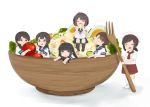  6+girls alternate_costume aoshima_sakana bangs black_hair blush bowl braid brown_hair chef_hat chef_uniform closed_eyes commentary_request eating egg eyebrows_visible_through_hair food fork fubuki_(kantai_collection) hat hatsuyuki_(kantai_collection) holding in_bowl in_container in_food isonami_(kantai_collection) kantai_collection kneehighs long_hair looking_at_another looking_at_viewer minigirl mixing_bowl miyuki_(kantai_collection) multiple_girls open_mouth oversized_object pleated_skirt potato_salad sailor_collar salad school_uniform serafuku shirayuki_(kantai_collection) short_hair short_sleeves simple_background sitting skirt smile tomato twin_braids uranami_(kantai_collection) vegetable 
