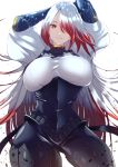  1girl asmodeus_(megido72) corset covered_nipples gradient_hair hair_over_eyes hand_behind_head highres megido72 multicolored_hair one_eye_covered red_eyes red_hair sakusakusakurai smile thick_thighs thighs white_hair 