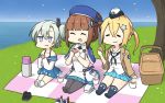  3girls anthony_(warship_girls_r) blanket blonde_hair blue_sky brown_hair cassin_young_(warship_girls_r) character_request cherry_blossoms cookie cup day eating food grass hamu_koutarou hanami hat highres holding holding_food mini_hat multiple_girls ocean outdoors picnic picnic_basket shoe_removed sky star tea thermos tree twintails warship_girls_r 