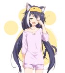  1girl animal_ear_fluff animal_ears black_hair blush cat_ears collarbone fang felutiahime green_eyes highres kyaru_(princess_connect) long_hair long_sleeves low_twintails multicolored_hair one_eye_closed open_mouth pajamas paw_background princess_connect! princess_connect!_re:dive solo streaked_hair twintails twitter_username very_long_hair white_background yawning 