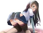  1girl all_fours ass bangs black_hair blue_sailor_collar blue_skirt blush brown_legwear commentary_request eyebrows_visible_through_hair glasses hairband hip_vent kantai_collection long_hair long_sleeves looking_at_viewer mofu_namako ooyodo_(kantai_collection) open_mouth panties sailor_collar school_uniform shirt simple_background skirt solo thighhighs underwear white_hairband white_panties white_shirt 