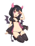  1girl :d bat_wings bikini black_bikini black_jacket black_legwear blush breasts demon_girl demon_horns demon_tail demon_wings fang full_body hand_up hood hood_up horns horns_through_headwear jacket kneeling looking_at_viewer navel open_clothes open_jacket open_mouth original puffy_short_sleeves puffy_sleeves salute sasaame short_sleeves simple_background skindentation small_breasts smile solo swimsuit tail thighhighs white_background wings 
