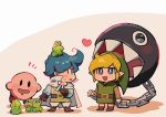  2boys animal animal_on_head aoki_(fumomo) belt belt_buckle blonde_hair blue_eyes blue_hair blush blush_stickers brown_belt brown_footwear brown_gloves buckle cape capelet chain drooling frog gloves holding holding_chain kaeru_no_tame_ni_kane_wa_naru kirby kirby_(series) link looking_at_another mario_(series) multiple_boys on_head open_mouth pointy_ears sharp_teeth standing surprised sweat sweatdrop teeth the_legend_of_zelda white_capelet 