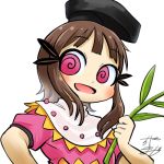  1girl al_bhed_eyes avatar_icon black_headwear brown_hair chamaji commentary eyebrows_visible_through_hair hat holding_plant looking_at_viewer lowres myouga_(plant) nishida_satono open_mouth short_hair short_hair_with_long_locks short_sleeves signature smile solo tate_eboshi touhou upper_body white_background 