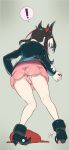  1girl ass black_hair black_jacket blush dress jacket jipin looking_at_viewer mary_(pokemon) panties pink_dress pink_panties poke_ball poke_ball_(generic) pokemon pokemon_(game) pokemon_swsh solo twintails underwear upskirt 