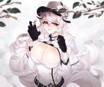 1girl absurdres azur_lane belt black_gloves blush breasts cleavage coat coat_dress fur-trimmed_coat fur_trim gangut_(azur_lane) gloves hair_between_eyes hair_ornament hat highres huge_filesize jacket kitsu_(user_aedc3374) large_breasts leaf long_hair looking_at_viewer military_hat mole mole_under_eye partly_fingerless_gloves red_eyes silver_hair smile snowing star teeth very_long_hair white_coat white_uniform 