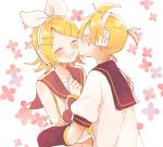  1boy 1girl arm_warmers arms_around_waist bangs bare_shoulders black_collar blush bow cheek_kiss closed_eyes collar commentary crop_top floral_background hair_bow hair_ornament hairclip hand_on_another&#039;s_shoulder hands_up headphones kagamine_len kagamine_rin kiss midriff navel open_mouth sailor_collar school_uniform shirt short_hair short_ponytail short_sleeves smile spiked_hair suzumi_(fallxalice) swept_bangs upper_body vocaloid white_bow white_shirt yellow_neckwear 