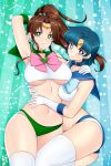  2girls bikini_bottom bishoujo_senshi_sailor_moon bow brown_hair choker green_choker green_eyes kino_makoto lindaroze midriff multiple_girls pink_bow sailor_collar sailor_jupiter sailor_mercury sailor_senshi thighhighs yuri 