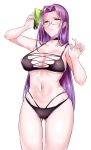  1girl bangs bare_shoulders bikini black_bikini blush breasts choker cleavage collarbone fate/stay_night fate_(series) forehead glasses hair_intakes highres large_breasts long_hair looking_at_viewer lotion lotion_bottle multi-strapped_bikini navel parted_bangs parted_lips pouring_onto_self purple_eyes purple_hair rider solo swimsuit thighs very_long_hair white_background yuu-kun_(linke_hand) 