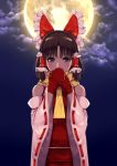  1girl benikurage bow brown_hair commentary cookie_(touhou) detached_sleeves hair_bow hair_tubes hakurei_reimu hands_over_mouth highres looking_at_viewer mittens moon outdoors scarf short_hair sky solo temahiru touhou wide_sleeves 