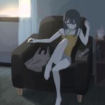 1girl absurdres bag bare_shoulders barefoot black_hair camisole controller couch cup_ramen curtains highres indoors long_hair looking_at_viewer oissu_tiwassu original plastic_bag purple_eyes remote_control shorts sitting solo strap_slip toothbrush_in_mouth 