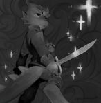  2020 ambiguous_gender anthro clothed clothing digital_media_(artwork) fin greyscale hi_res holding_object holding_weapon horn kobold melee_weapon monochrome scales scalie signature simple_background solo sparkles standing stealthnachos sword weapon 