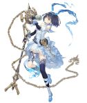  1girl alice_(sinoalice) bare_shoulders blue_dress chain crossover dark_blue_hair dress elbow_gloves eyebrows_visible_through_hair full_body gems_company gloves hairband ji_no looking_at_viewer mary_janes microphone official_art pocket_watch shoes short_hair sinoalice solo tattoo transparent_background watch yellow_eyes 