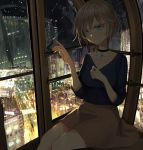  1girl anastasia_(idolmaster) bangs beige_skirt blue_eyes blue_shirt blush breasts buidling choker city_lights cityscape cleavage eyebrows_visible_through_hair ferris_wheel_interior hair_between_eyes highres idolmaster idolmaster_cinderella_girls jewelry medium_breasts night night_sky pendant rum_raisin_(chihiromakita19) shirt short_hair short_sleeves sitting sky smile v-neck 