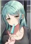  1girl ? absurdres aqua_hair bang_dream! black_shirt blurry blurry_background blush collarbone feeding food green_eyes hand_on_another&#039;s_hand highres hikawa_sayo holding holding_food long_hair looking_at_viewer mia_(fai1510) open_mouth popsicle pov shirt solo_focus sweat upper_body 