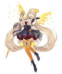  1girl :d ankle_boots black_gloves blonde_hair blue_eyes boots choker crossover dress fingerless_gloves flower full_body gems_company gloves hair_flower hair_ornament hairband ji_no long_hair looking_at_viewer microphone official_art open_mouth petals rapunzel_(sinoalice) sinoalice smile solo thigh_strap transparent_background twintails very_long_hair 