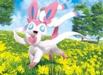  3d 5ban_graphics :d blue_eyes blue_sky cloud cloudy_sky commentary creature day english_commentary flower full_body gen_6_pokemon grass happy looking_at_viewer multiple_sources no_humans official_art open_mouth outdoors pokemon pokemon_(creature) pokemon_trading_card_game sky smile solo sylveon third-party_source tree 