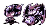  blank_eyes commentary creature english_commentary full_body gen_7_pokemon grin lowres monochrome naganadel no_humans pat_attackerman pixel_art poipole pokemon pokemon_(creature) purple_theme smile sprite transparent_background ultra_beast 