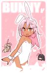  1girl :d alternate_costume animal_ears bangs bare_arms bare_shoulders bunny_ears bunny_tail bunnysuit chibi chibi_inset chloe_von_einzbern commentary dark_skin eyebrows_visible_through_hair fake_animal_ears fake_tail fang fate/kaleid_liner_prisma_illya fate_(series) flat_chest hair_between_eyes hairband heart illyasviel_von_einzbern leotard long_hair looking_at_viewer miyu_edelfelt open_mouth orange_eyes outline pink_background pink_hair simple_background skin_fang smile solo_focus star tail white_hairband white_leotard white_outline wrist_cuffs yoru_nai 