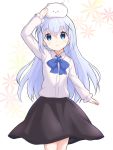  1girl absurdres animal_head animal_on_head arm_up bangs black_skirt blue_eyes blue_neckwear bunny bunny_on_head commentary_request cowboy_shot eyebrows_visible_through_hair gochuumon_wa_usagi_desu_ka? hair_between_eyes hair_ornament highres kafuu_chino lavender_hair long_sleeves looking_at_viewer on_head shirt simple_background skirt smile solo tippy_(gochiusa) white_shirt wing_collar x_hair_ornament yaplus 