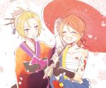  1boy 1girl ame_(module) arm_guards blonde_hair blue_eyes blue_robe bow cherry_blossoms closed_eyes commentary crossdressing falling_petals flower_tattoo hair_ornament hair_stick hand_on_another&#039;s_head hand_up holding holding_umbrella japanese_clothes kagamine_len kagamine_rin kimono obi open_mouth orange_kimono oriental_umbrella petals phoenix_moon_(module) project_diva_(series) red_umbrella sarashi sash shoulder_tattoo smile suzumi_(fallxalice) tattoo umbrella vocaloid white_background 