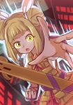  1girl :o abstract_background armor armored_dress arms_up aura bangs blonde_hair bob_cut cityscape clenched_hand double_bun dutch_angle foreshortening hair_ribbon haniwa_(statue) joutouguu_mayumi looking_at_viewer outstretched_hand puffy_short_sleeves puffy_sleeves reaching_out ribbon shirt short_hair short_sleeves solo standing touhou upper_body vambraces white_shirt wool_(miwol) yellow_eyes 