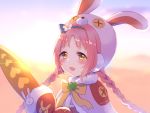 1girl :d akane_mimi animal_ears animal_hat backlighting bangs blue_hairband blush bow braid brown_bow brown_eyes bunny_ears bunny_hat capelet commentary_request eyebrows_visible_through_hair fake_animal_ears flower fur-trimmed_capelet fur_trim gucchiann hairband hat highres holding long_hair looking_at_viewer mittens open_mouth parted_bangs pink_hair pink_headwear princess_connect! princess_connect!_re:dive purple_capelet red_mittens smile solo twin_braids twintails upper_body very_long_hair white_flower 