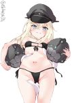  1girl bikini bismarck_(kantai_collection) black_bikini blonde_hair blue_eyes blush breasts ebifurya enemy_naval_mine_(kantai_collection) hat highres holding kantai_collection long_hair looking_at_viewer looking_down military_hat navel peaked_cap shinkaisei-kan small_breasts solo string_bikini swimsuit tentacles twitter_username white_background younger 