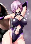  1girl black_leotard breasts cleavage commentary_request cowboy_shot elbow_gloves fate/grand_order fate_(series) gloves grey_background hair_over_one_eye highleg highleg_leotard highres large_breasts leotard looking_at_viewer mash_kyrielight navel_cutout nokoppa purple_eyes purple_gloves purple_hair shield short_hair solo standing sweat 