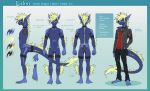  5_fingers 5_toes anthro aquatic_dragon armband black_bottomwear black_clothing black_pants black_sclera blonde_hair bottomwear claws clothing dragon english_text featureless_crotch fingers gradient_background grey_jacket hair hand_in_pocket ladon_(character) male marine membrane_(anatomy) model_sheet multicolored_body navel nude pants plantigrade pockets rear_view red_clothing red_shirt red_topwear rikdik shirt side_view simple_background solo tail_tuft text toe_claws toes topwear tuft two_tone_body webbed_feet webbed_hands yellow_eyes 