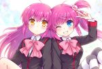  2girls blue_eyes bow brown_eyes commentary_request futaki_kanata grin hair_bobbles hair_ornament hairclip kousetsu little_busters! long_hair looking_at_viewer multiple_girls pink_bow purple_hair saigusa_haruka school_uniform side_ponytail sitting smile striped striped_legwear thighhighs v 