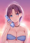  1girl ahoge asakura_tooru backlighting bangs bare_shoulders bikini blue_bikini blue_eyes blue_nails blurry blurry_background blush bottle bottle_to_cheek breasts cai_geng cleavage collarbone earrings eyebrows_visible_through_hair holding holding_bottle idolmaster idolmaster_shiny_colors jewelry looking_at_viewer medium_breasts nail_polish necklace o-ring o-ring_bikini outdoors parted_bangs parted_lips pink_sky purple_hair short_hair smile solo strapless strapless_bikini sweat swimsuit underboob upper_body 