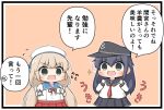  2girls akatsuki_(kantai_collection) anchor_symbol black_eyes black_hair black_sailor_collar black_skirt blue_sailor_collar chibi commentary_request cowboy_shot flat_cap goma_(yoku_yatta_hou_jane) green_eyes hair_between_eyes hat holding_notepad kantai_collection light_brown_hair long_hair low_twintails mikura_(kantai_collection) multiple_girls neckerchief notepad open_mouth orange_background pen pleated_skirt puffy_short_sleeves puffy_sleeves red_neckwear red_skirt sailor_collar sailor_shirt school_uniform serafuku shirt short_sleeves simple_background skirt standing translation_request twintails twitter_username white_shirt 