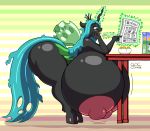  2017 anthro anthrofied arthropod big_breasts breasts cereal changeling eating female food friendship_is_magic furniture gyneceon huge_breasts hyper hyper_breasts my_little_pony newspaper nipples queen_chrysalis_(mlp) signature solo table 