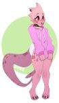  ambiguous_gender anthro blush bottomless clothed clothing collar diaper facial_piercing hoodie nose_piercing piercing pink_body red_eyes seamen shy simple_background solo timid topwear 