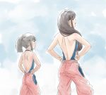  2girls anbj apron ass back backless_outfit black_eyes black_hair from_behind long_hair looking_at_viewer looking_back low-tied_long_hair multiple_girls ogino_chihiro pants ponytail rin_(sen_to_chihiro_no_kamikakushi) sen_to_chihiro_no_kamikakushi studio_ghibli 