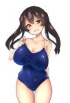  1girl blush breasts cleavage covered_navel cowboy_shot fang highres long_hair looking_at_viewer one-piece_swimsuit original school_swimsuit simple_background skin_fang solo swimsuit twintails watari1118 white_background 
